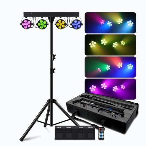 Telbum DJ Stage Lights with Stand, 240W RGBW LED Par Light, DMX, Wireless Footpedal, Remote Control, Sound-Activated Professional DJ Lighting Package for Gig Bar Wedding Party Show Church and Concerts