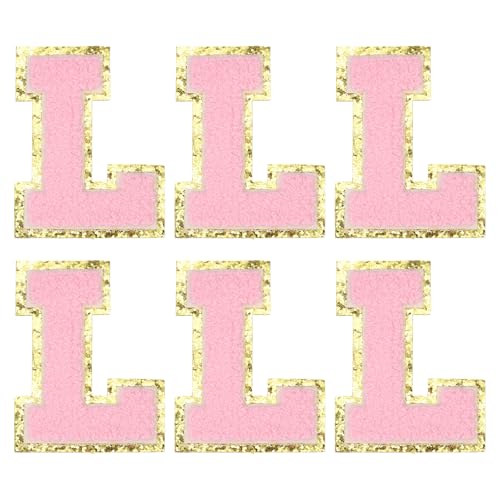 MECCANIXITY Chenille Letter Patches 3.1" Alphabet L Iron on Embroidered Patch Sew on Letter Stickers Applique for Repairing Clothing Jeans Shoes Hats DIY(Pink, Pack of 6) - style: Letter-L