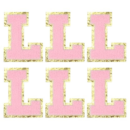 MECCANIXITY Chenille Letter Patches 3.1" Alphabet L Iron on Embroidered Patch Sew on Letter Stickers Applique for Repairing Clothing Jeans Shoes Hats DIY(Pink, Pack of 6) - style: Letter-L