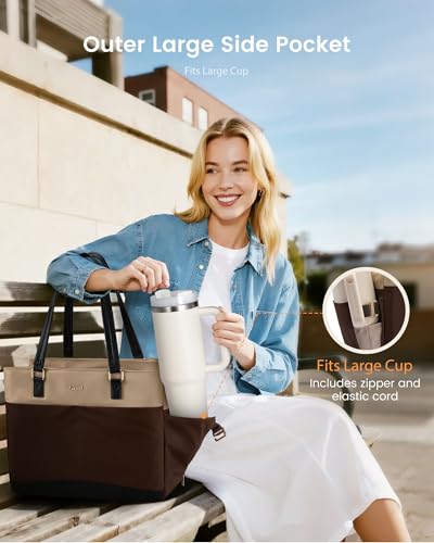 LOVEVOOK Laptop Tote Bag for Women with 40oz Large Cup Holder - color: Dark Brown - Khaki, size: 15.6 Inch