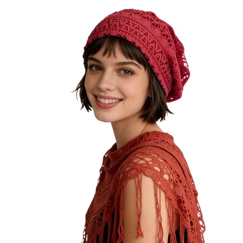Crochet Slouchy Beanie Hat Handmade Knit Slouchy Floral Skull Hat Cutout Hats for Women Lightweight Knitted - color: G-red