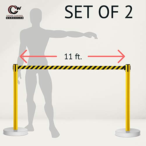 Crowd Control Warehouse - CCW Set of 2 Retractable Belt Barrier Stanchion, Water Fillable Base MSH630-11 Foot Belt, Black with Black PVC Plastic Post - color: Black, size: Black Post