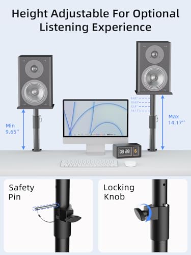 suptek Clamp-on Speaker Stand Desk Mount Set, Height Adjustment, ±12° Tilt, Swivel, 9.6 x 8.8 inch Trays, Universal Audio Holders for Bookshelf Speakers, Elevated Sound, 2 Pack, Black, SDM001GTB - size: Tilt Speaker Stands