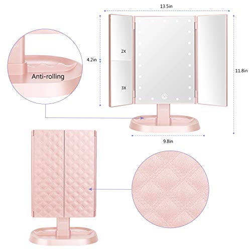 deweisn Trifold Lighted Vanity Makeup Mirror with 21 LED Lights,1x/2x/3x Magnification and Touch Screen Dimming,Two Power Supplies Makeup Mirror, Gift for Women - color: Pink