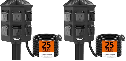 TiFFCOFiO Outdoor Power Strip Weatherproof, 25 FT Extension Cord with Stake, 6 Grounded Outlets for Christmas Yard Decorations and Inflatables, 15A/1875W, ETL Listed (Pack of 2) - size: 25 FT (Pack of 2)