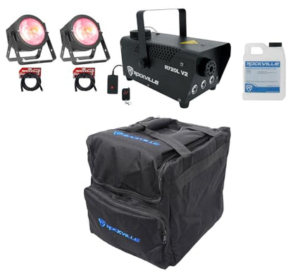 Audiosavings Bundle: (2) ADJ DOTZ PAR 100 RF RGB COB LED Par Can Wash Light Bundle With (2) RV RLB40 Padded Travel Bag & (2) RV RDX3M25 3 Pin DMX Lighting Cables & RB R720L Fog Smoke Machine (Items 7)