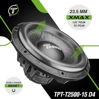 Timpano 15 Inch Subwoofer D4 2500 Watts Max Power Dual 4 Ohm, 15 Subwoofer Speaker 23.5 mm High Xmax, TPT-T2500-15 D4, 3 in Voice Coil, Competition Sub Woofer for Car Audio Systems (Single) - size: 15 Inch - Dual 4 Ohm