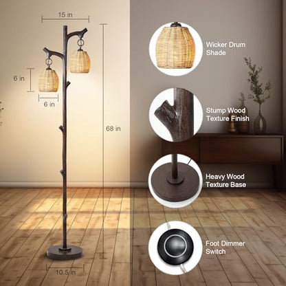 Scenekoy 68" Tall Floor Lamp with Wicker Drum Shade, Foot Switch Dimming - color: Dark Bronze