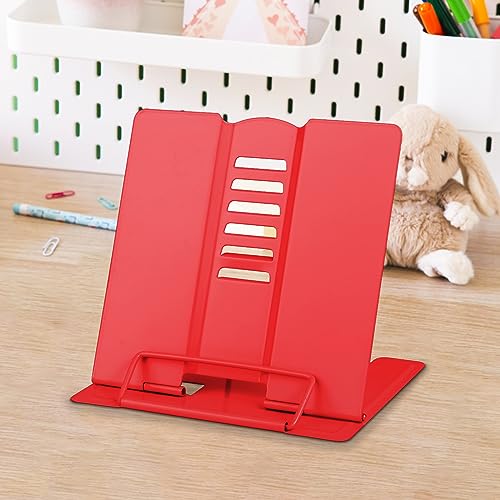 Honagu Small Metal Desk Book Stand for Reading Hands Free, Adjustable Cookbook Holder, Portable Bookstand for Music Books, Textbook, Recipe, Tablet, Ipad (Red) - color: Red