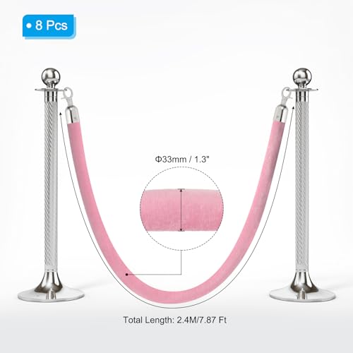 PATIKIL 8 Pack Pink Velvet Stanchion Rope, 8 Ft Crowd Control Ropes Barrier Hanging Rope with Stainless Steel Silver Plated Hooks for Carpet Events Movie Theaters Opening Activities - color: Pink/Silver Plated, size: 8 Feet