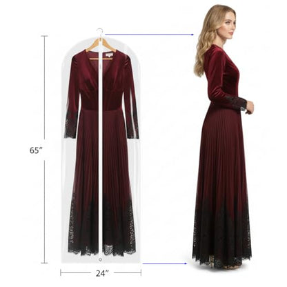 65” All Clear Dress Bags for Travel - PEVA Waterproof Fordable Cover with Zipper for Hanging Clothes, long Dress - Durable Dresser for Closet Storage, Dustproof & Moisture Resistant - 65”/4 Pack - size: 65" -4 Pack