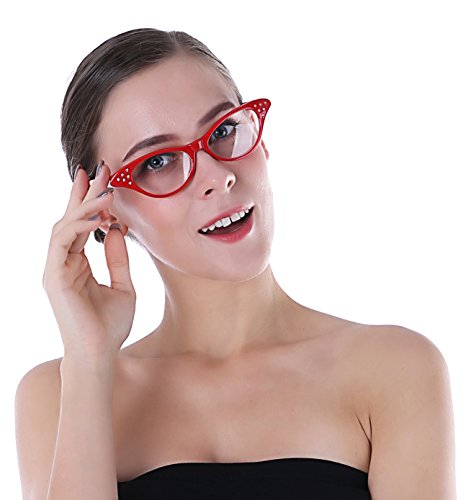 Breevo 50s Costume Accessories Set Women Scarf Headband Glasses | Includes Bandana Scarf, Headband, Clip-on Earrings, and Cat-Eye Glasses; Chiffon Scarf - color: Red