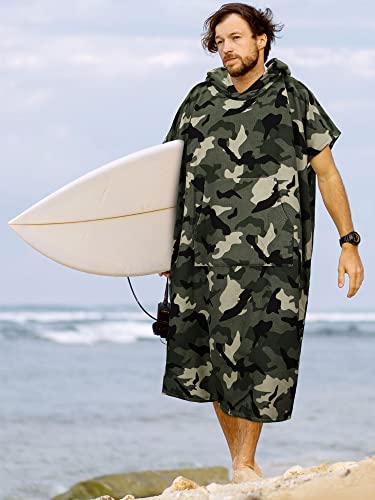 SUN CUBE Surf Poncho Changing Robe with Hood, Wetsuit Changing Hooded Towel | Thick Quick Dry Microfiber, Wetsuit Changing Towel, Surfing Beach Swim Outdoor Sports Cover Up, Adult Wearable Poncho - color: Camo Green