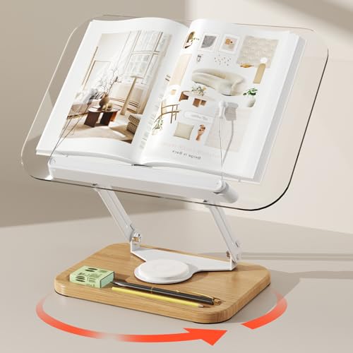 BYMECOST Acrylic Book Stand for Reading, 360°Rotating Book Holder, White | Adjustable Height and Angle with Pen Slot, Elastic Clips, Fits Cookbook,Laptop,Tablet,Recipe,Magazine - color: Light Walnut
