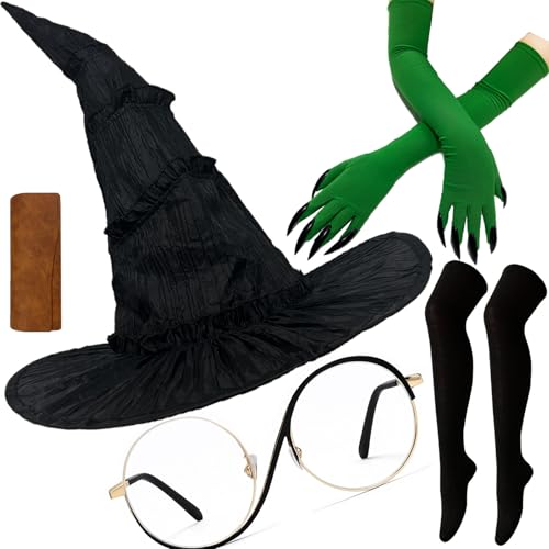 Wakejoy Witch Costume Women Hat Glasses Gloves Socks for Halloween - color: Green