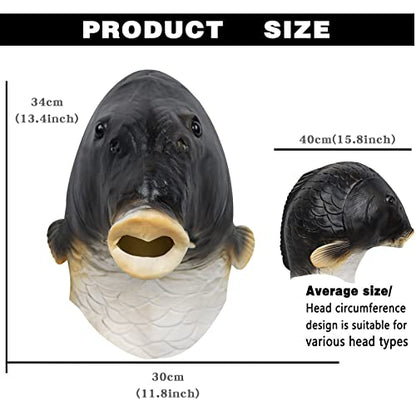 Realistic Fish Mask Adult Halloween Funny Head Mask Animal Costume Prop | Sea Creature Cosplay, Full Head, Durable Latex, Raised Eyes, Eyes Mouth Openings, Breathable, Wide Vision, Men Women, Party