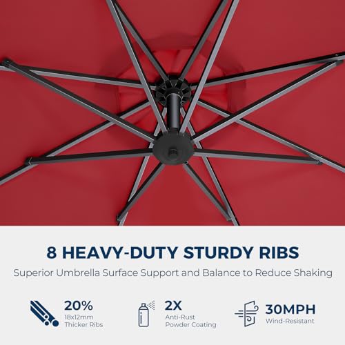 10FT Solar LED Cantilever Patio Umbrella with Base Included, Red | Premium 220GSM Solution-Dyed Fabric, 5-Year Fade-Resistant, 30 MPH Windproof, 45° Infinite Tilt and Crank for Outdoor Pool - color: Red