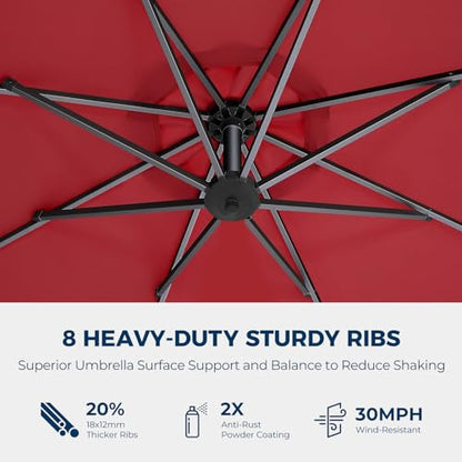 10FT Solar LED Cantilever Patio Umbrella with Base Included, Red | Premium 220GSM Solution-Dyed Fabric, 5-Year Fade-Resistant, 30 MPH Windproof, 45° Infinite Tilt and Crank for Outdoor Pool - color: Red