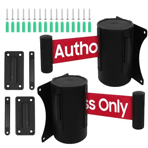 Wall Mount Retractable Belt Barrier 2 Pack, TrreZon Fixed Retractable Belt Barrier with Steel Case 16' Red Belt with White Words " Authorized Access Only" for Grocery, Retail Store, Office - color: Red Belt (Authorized Access Only)