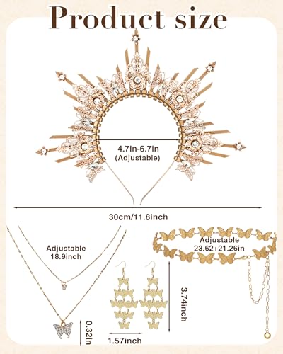 4 Pcs Goddess Costume Accessories Set, Golden Butterfly Crown Kit | Includes Necklace, Earrings and Waist Chain Accessories, Suitable for Halloween, Cosplay and Costume Parties