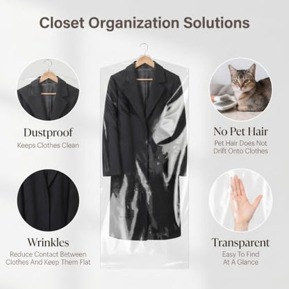 100 Pcs 60 Inch Clear Plastic Hanging Garment Bags | Dry Cleaner Laundry Bags Dust-Proof Hanging Clothes Storage for Long Dresses Skirt Coat Suit Shirt Jacket