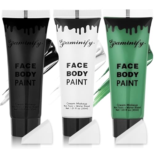 St Patricks Day Black White Green Face Body Paint 1.01 oz/pc with 3 Sponges,Dark Green St Patrick's Day Costume Painting Kit, Elphaba Halloween SFX Witch Makeup Cream Face Paint,3 oz - color: black+white+green