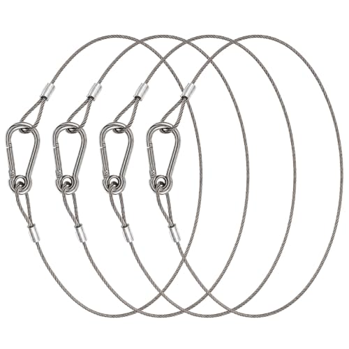 4pcs Stage Light Safety Cable, Stainless Steel Security Wire for Lighting | Safety Cables with Carabiner Lock 1/8 Diameter 20 inch Length Max Load 150LB for Lighting, Luggage