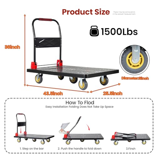 1500 lb Folding Platform Truck Cart with 5" Silent TPR Wheels, Heavy Duty Flatbed Push Cart Dolly, Foldable Moving Utility Cart for Warehouse Garage Office Home, Black - color: 1500 Lb - 43.5" X 25.5"