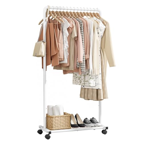 Sakugi Clothes Rack - Clothing Rack with Storage Mesh Shelf & Casters, Heavy-Duty Metal Clothing Rack for Hanging Clothes, Dresses, Coats, Large Load Capacity, Easy Assembly, White, 28.0"x16.9"x59.0" - color: White, size: 28.0" x 16.9" x 59.0" (1 Rod)