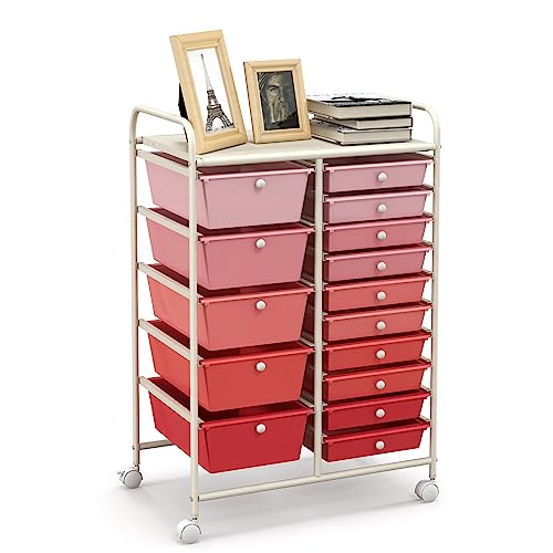 HAPPYGRILL 15-Drawer Rolling Cart, Storage Carts with Removable Drawers & Steel Frame, Utility Cart on Lockable Wheels for Home, School, Office, Pink - color: Pink, size: 15 Drawer