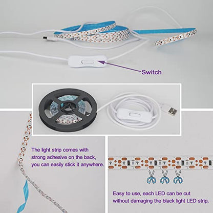 6.6FT/2M LED Black Light Strip - 120 Units LED UV Wick 395-400nm, USB DC 5V Flexible Blacklight Fixtures, 10W Blacklight Strip for Indoor Decor, Glow Poster, Bedroom, Playroom, Halloween, Dark Party