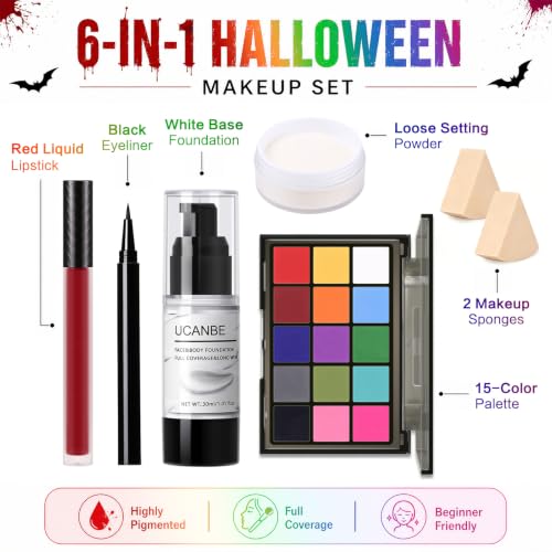UCANBE Colorful Halloween Makeup Kit – Clown Vampire Witch Zombie Makeup Set for SFX Costume Cosplay with Eyeshadow Palette, White Foundation, Red Lipstick, Black Eyeliner, Setting Powder & Sponges - color: Halloween Makeup Kit