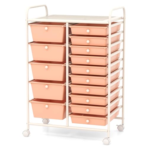 HAPPYGRILL 15-Drawer Rolling Cart, Storage Carts with Removable Drawers & Steel Frame, Utility Cart on Lockable Wheels for Home, School, Office (Peach Fuzz) - color: Peach Fuzz, size: 15 Drawer