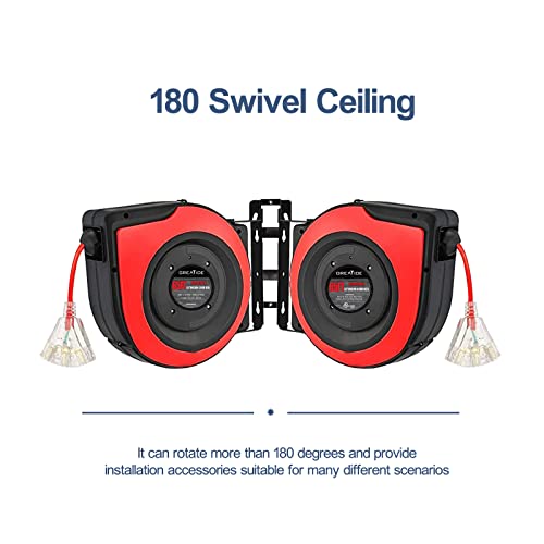 접이식 연장 코드 릴, 2.7m(65피트) 12 AWG/3C SJTOW 튼튼한 전원 코드, 15AMP 회로 차단기, 3개의 조명 트리플 콘센트, 천장 또는 벽 마운트 사용 - color: 레드&블랙