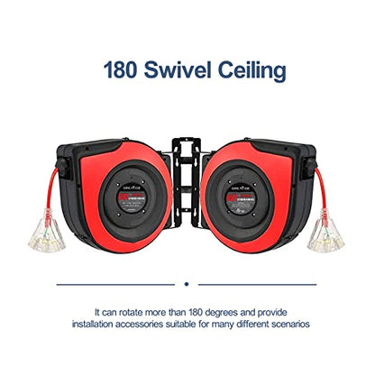 접이식 연장 코드 릴, 2.7m(65피트) 12 AWG/3C SJTOW 튼튼한 전원 코드, 15AMP 회로 차단기, 3개의 조명 트리플 콘센트, 천장 또는 벽 마운트 사용 - color: 레드&블랙