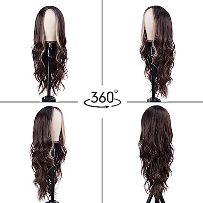 Aida ble Long Wavy Brown with Blonde Highlight Wig for Women 26Inch | Natural Looking Synthetic Hair,Suitable for Daily Wear,Party,Halloween and Cosplay,Beginner-friendly,Lightweight and soft - color: Brown mix Blonde
