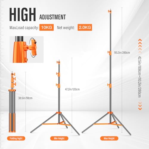 Heavy Duty Light Stand 9.1ft/280cm All Metal Tripod Stand Max Loading:10KG Air Pressure Buffer Photography Light Stand with 1/4” to 3/8” Screw Adapter for Strobe,Ring Light, Monolight, Softbox - color: Orange