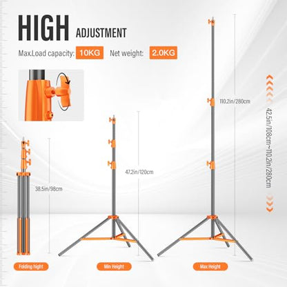 Heavy Duty Light Stand 9.1ft/280cm All Metal Tripod Stand Max Loading:10KG Air Pressure Buffer Photography Light Stand with 1/4” to 3/8” Screw Adapter for Strobe,Ring Light, Monolight, Softbox - color: Orange