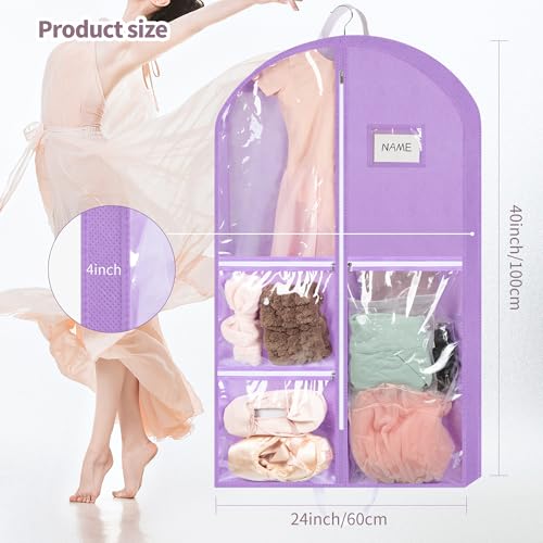 Linodes Dance Costume Bags Garment Bag 40'' for Dance Travel/Competition Storage with 4 Medium Clear Zipper Pockets and 1 Large Back Zipper Pocket-Fabric & PVC (Purple-Fabric & PVC, 40''- 6 Pack)