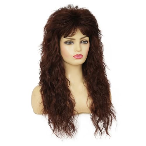Brown Long Curly Mullet Wigs for Women 70s 80s Rocker Punk Wig with Bangs Synthetic Fibre Wig for Halloween Party Cosplay Use - color: Long Brown