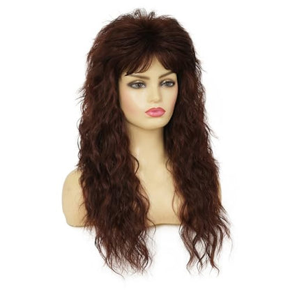 Brown Long Curly Mullet Wigs for Women 70s 80s Rocker Punk Wig with Bangs Synthetic Fibre Wig for Halloween Party Cosplay Use - color: Long Brown
