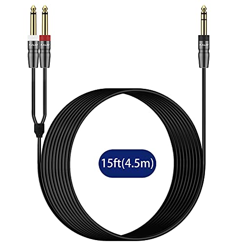 J&D 1/4 Inch TRS to Dual TS Cable, Gold Plated 6.35mm Stereo Male to 2 Mono Male Y Splitter Breakout Adapter for Audio Interface, Mixer, Studio Equipment, 15 Feet - size: 15 Feet