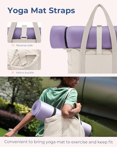 BAGSMART Crush Tote Bag for Women, 20L Puffer Work Tote with Zipper, Travel Essentials Quilted Nurse Hospital Bag - color: Beige