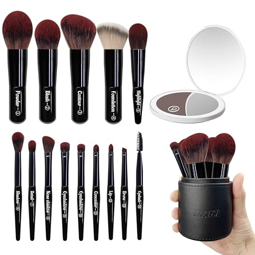 Jilier 14 pcs Mini Makeup Brushes and Pocket Mirror, Travel Makeup Brush Set, LED Compact Mirror with Light, Travel Size with Case, Portable for Handbag, Travel Essentials for Women - color: Black-Led Mirror