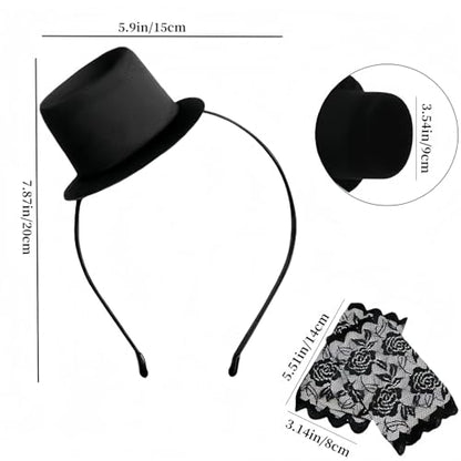 Mini Cowboy Top Hat Headband with Black Lace Gloves,Stylish Costume Accessory for Parties Weddings and Cosplay, Men and Women Black Top Hat Hairband Accessories
