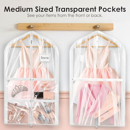 Garment Bags for Dance Costumes, 40in Kids Clear 5-Pocket 3-Pack | Upgraded 40 inch clear white, 5 zipper pockets, for dance costumes/cheer/ballet/travel, 3-pack, hanging storage.
