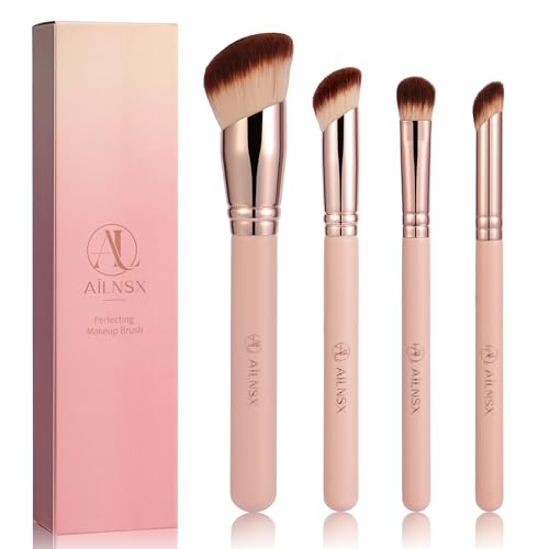 Makeup Brush Set, 4Pcs Pink Face Makeup Brushes for Foundation, Blush, Concealer, Contour and Powder, Soft Angled Kabuki Brush Set for Liquid, Cream and Powder Makeup Application - color: PINK-A201