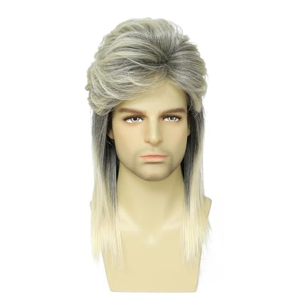 Men's 80s Mullet Wig, Rocker Style Wig Made of Heat-Resistant Synthetic Hair, Perfect for Halloween Costumes, 80s Themed Parties, Cosplay and Daily Wear (Blonde Mix Black) - color: m2058-Blonde Mix Black