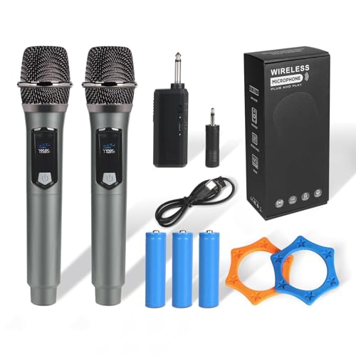 2.4GHz Wireless Microphone System Dual Handheld Mics 250ft Range | Rechargeable receiver with plug and play setup, ideal for karaoke, parties, weddings, church, speakers and PA systems. - color: Gray