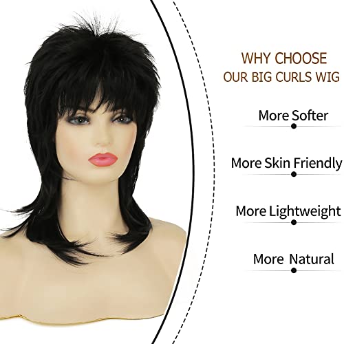 Mullet Wig for Women Black Shoulder Length Shaggy Layered Wig Curly 80s Wigs Heat Resistant Cosplay Daily Hair Wigs (Black) - color: Black